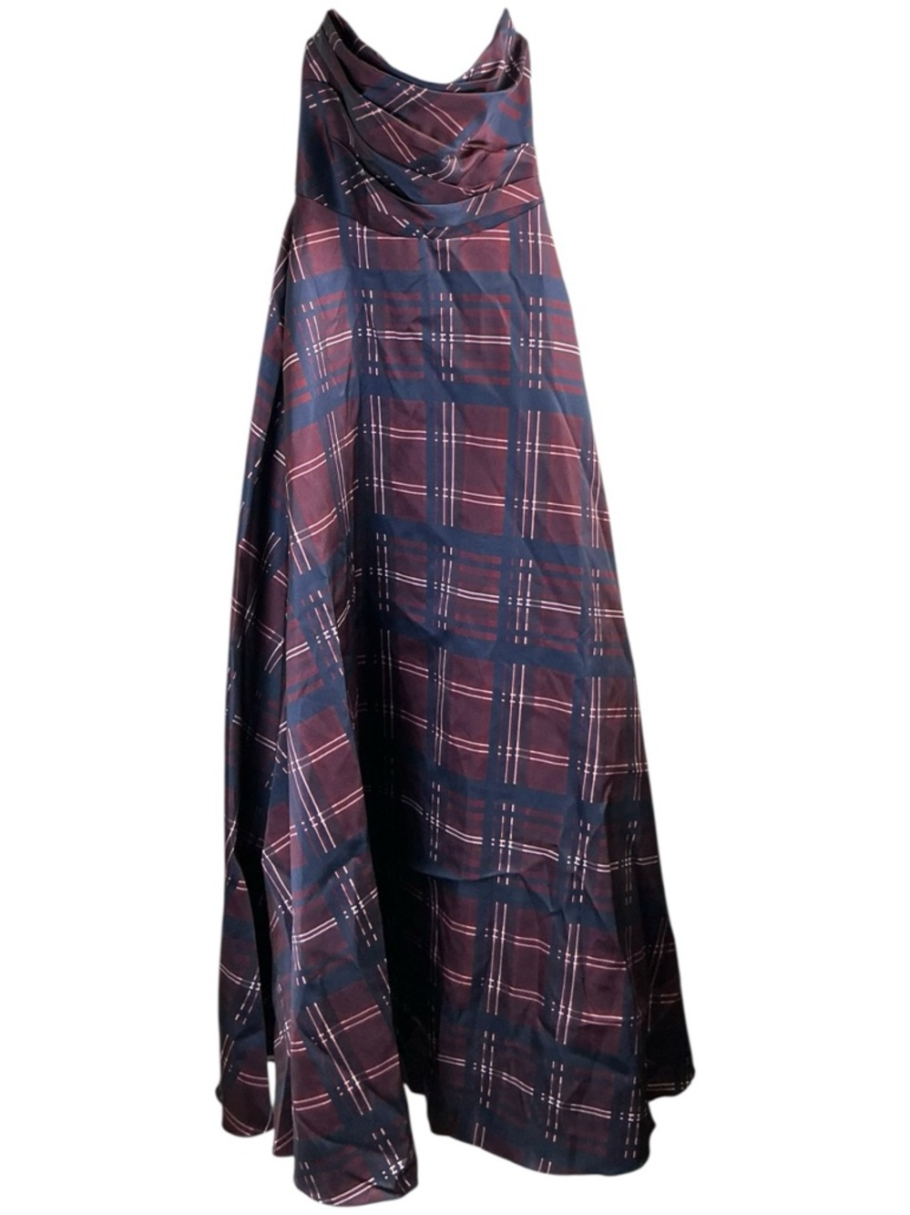 Dessy Collection Strapless Tartan Satin Maxi Dress in Cabernet and Midnight - Picture 2 of 8
